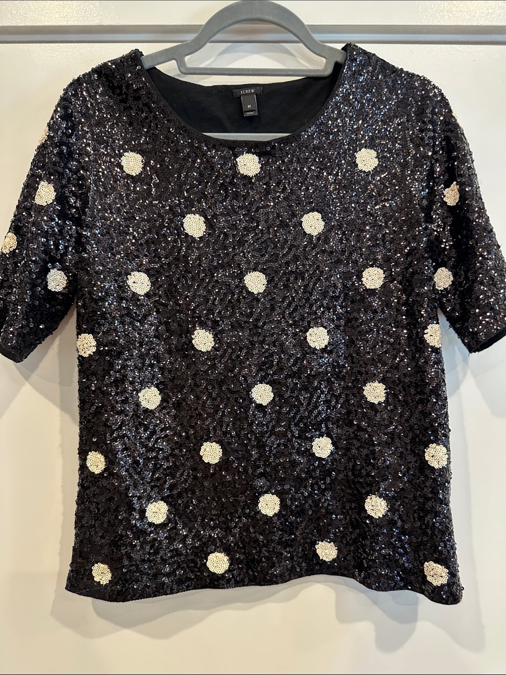 J. Crew Black Sequined Polka Dot Short Sleeve Top